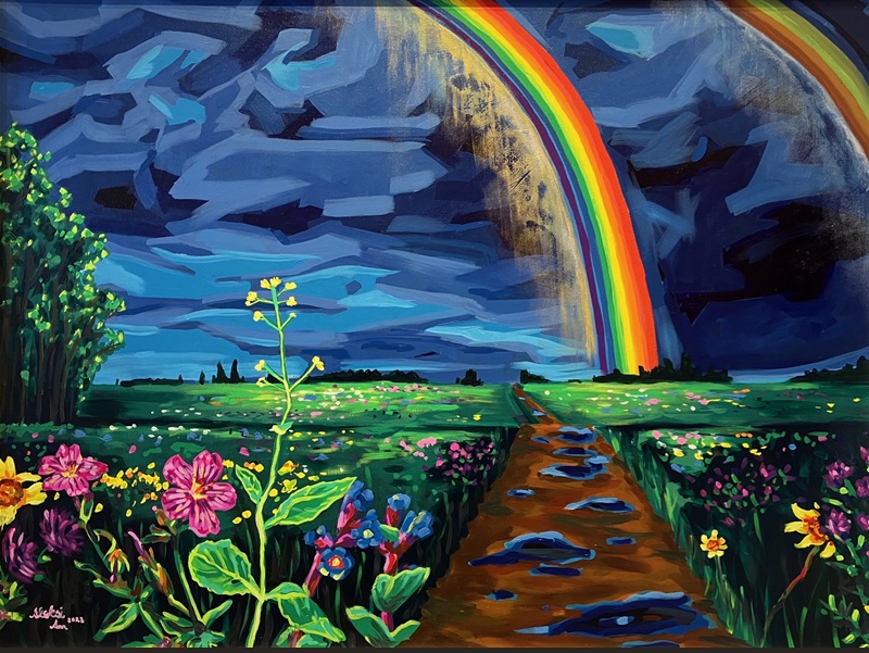 field of flowers with rainbow against dark clouds