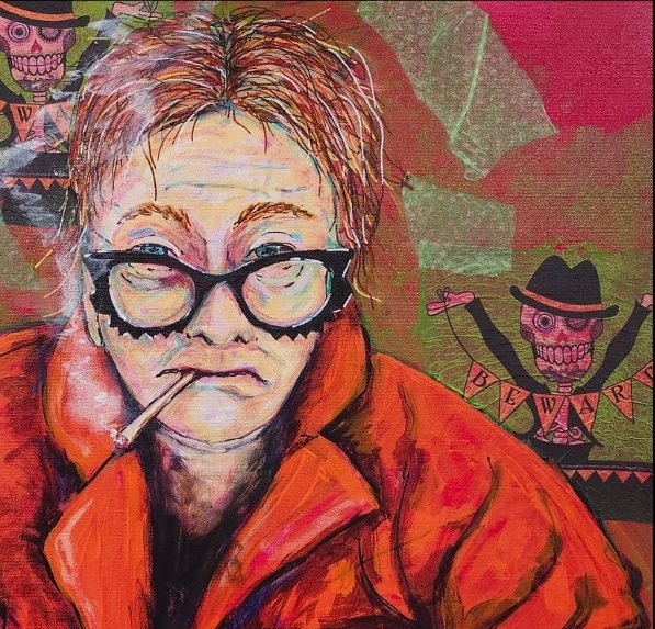 self portrait, red jacket, cigarette