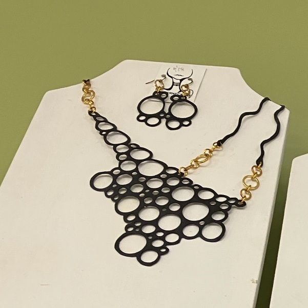 necklace, earrings, recycled bicycle inner tubes